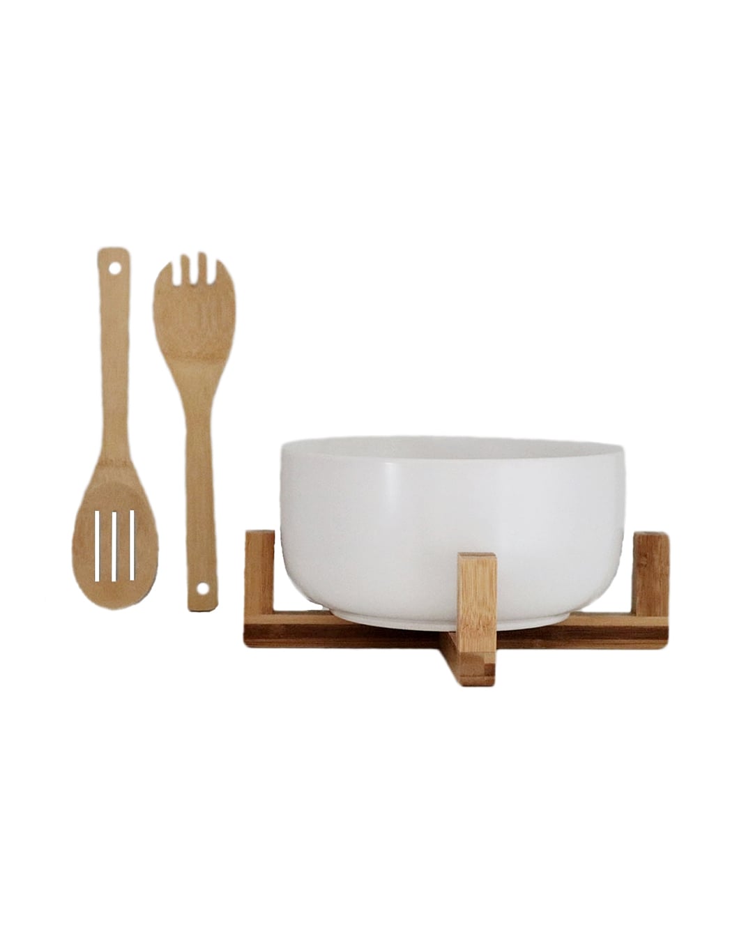 Porzellanschüssel auf Bambusunterlage mit Accessoires – Aperto Bianco – Salatset, weiße Schüssel, Bambusunterlage