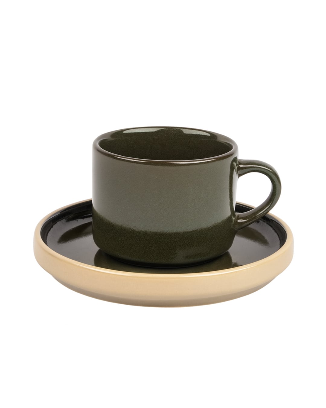 Tassen-Set mit Untertassen – Tondo Verde – Kaffeeservice für 2 Personen, dunkelgrün, olivfarben mit beigen Akzenten