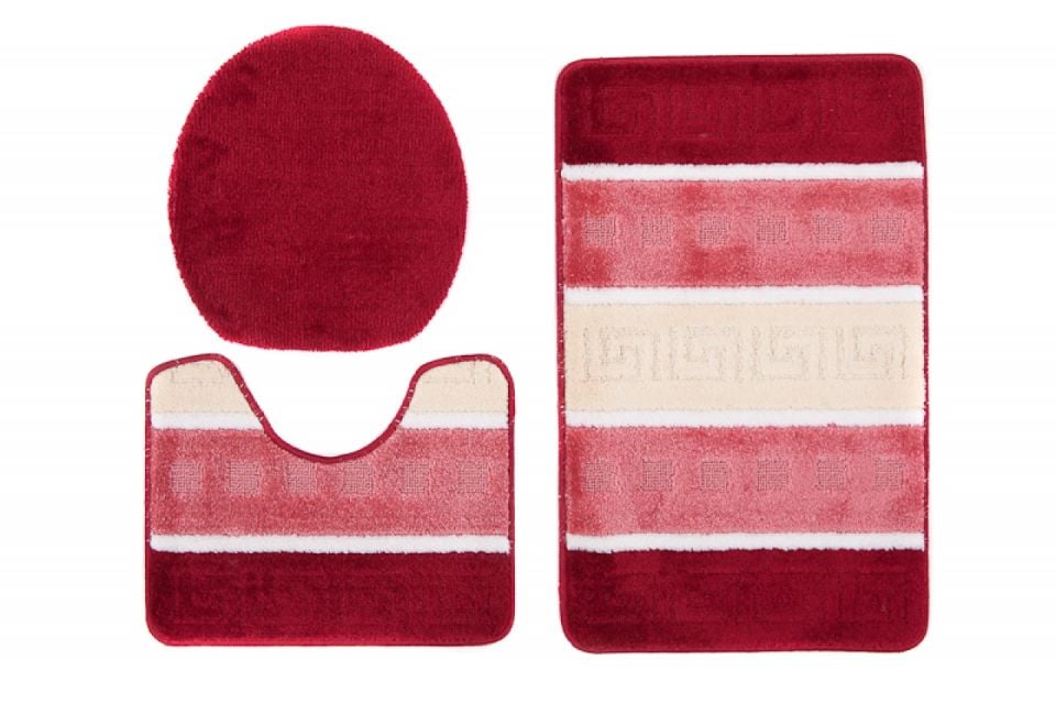 Badezimmerteppich 3-teiliges Set MULTI C5016 RED – rutschfest, gestreift, rot, cremefarben