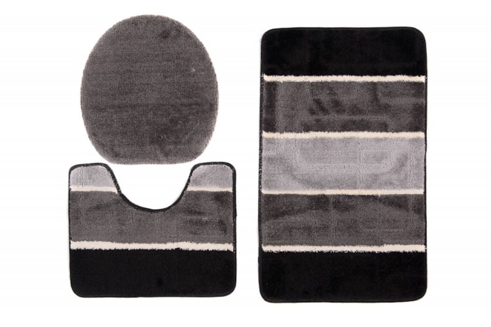 Badezimmerteppich 3-teiliges Set MULTI C5020 BLACK GREY – rutschfest, Streifen, schwarz, grau