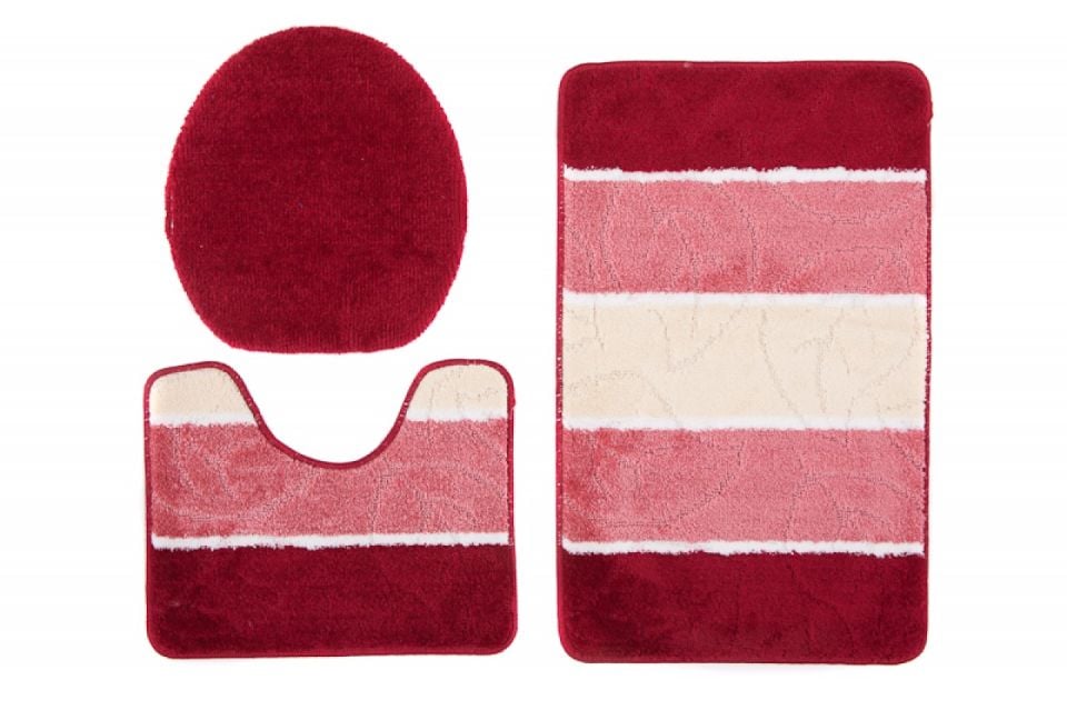 Badezimmerteppich 3-teiliges Set MULTI C5019 RED – rutschfest, Streifen, rot, cremefarben