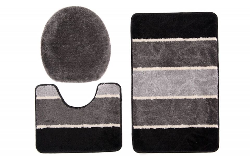 Badezimmerteppich 3-teiliges Set MULTI C5132 BLACK GREY – rutschfest, Streifen, schwarz, grau
