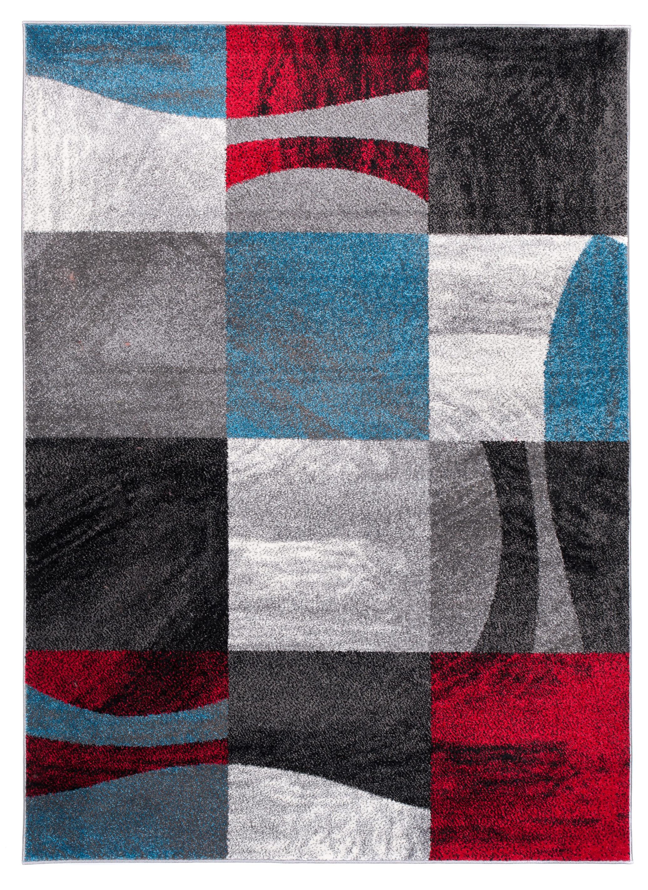 Teppich Modern Rot Blau Grau Geometrisch Kariert F860B JAWA