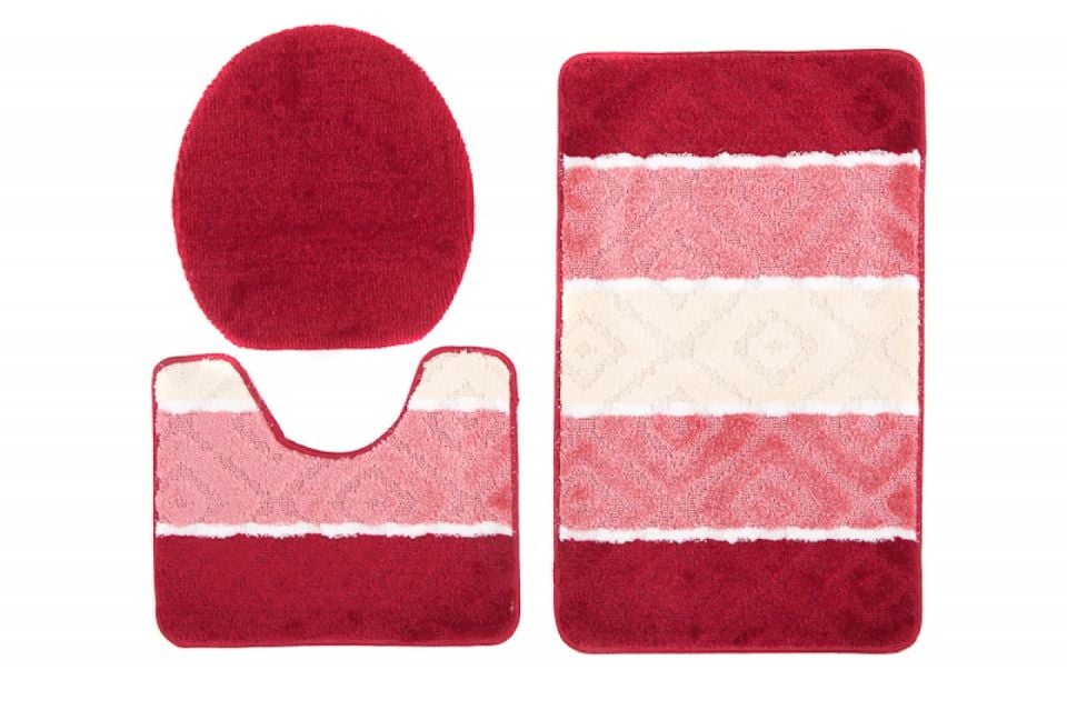 Badezimmerteppich 3-teiliges Set MULTI C5132 RED – rutschfest, Streifen, rot, cremefarben