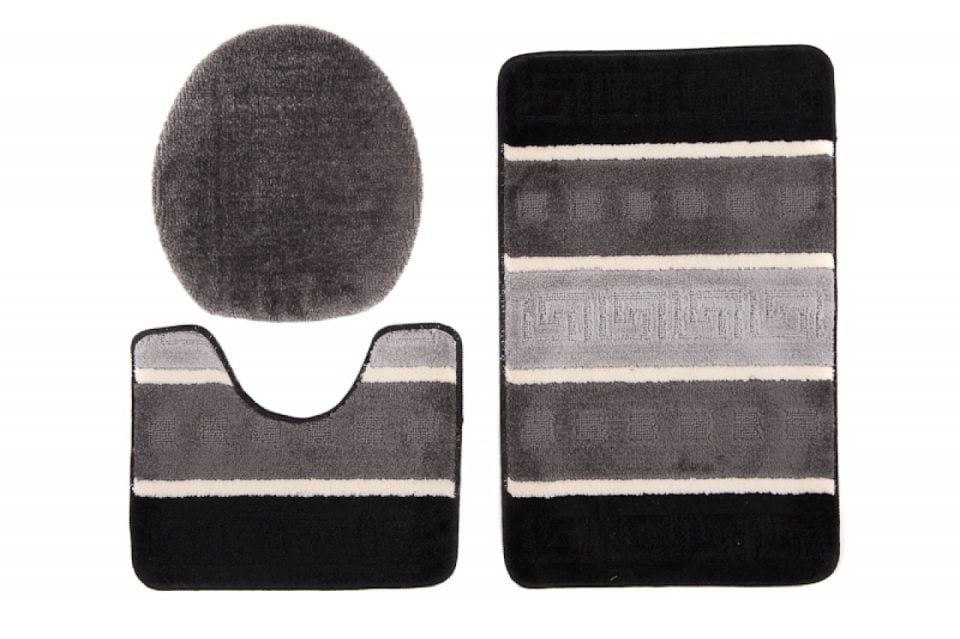 Badezimmerteppich 3-teiliges Set MULTI C5016 BLACK GREY – rutschfest, Streifen, schwarz, grau
