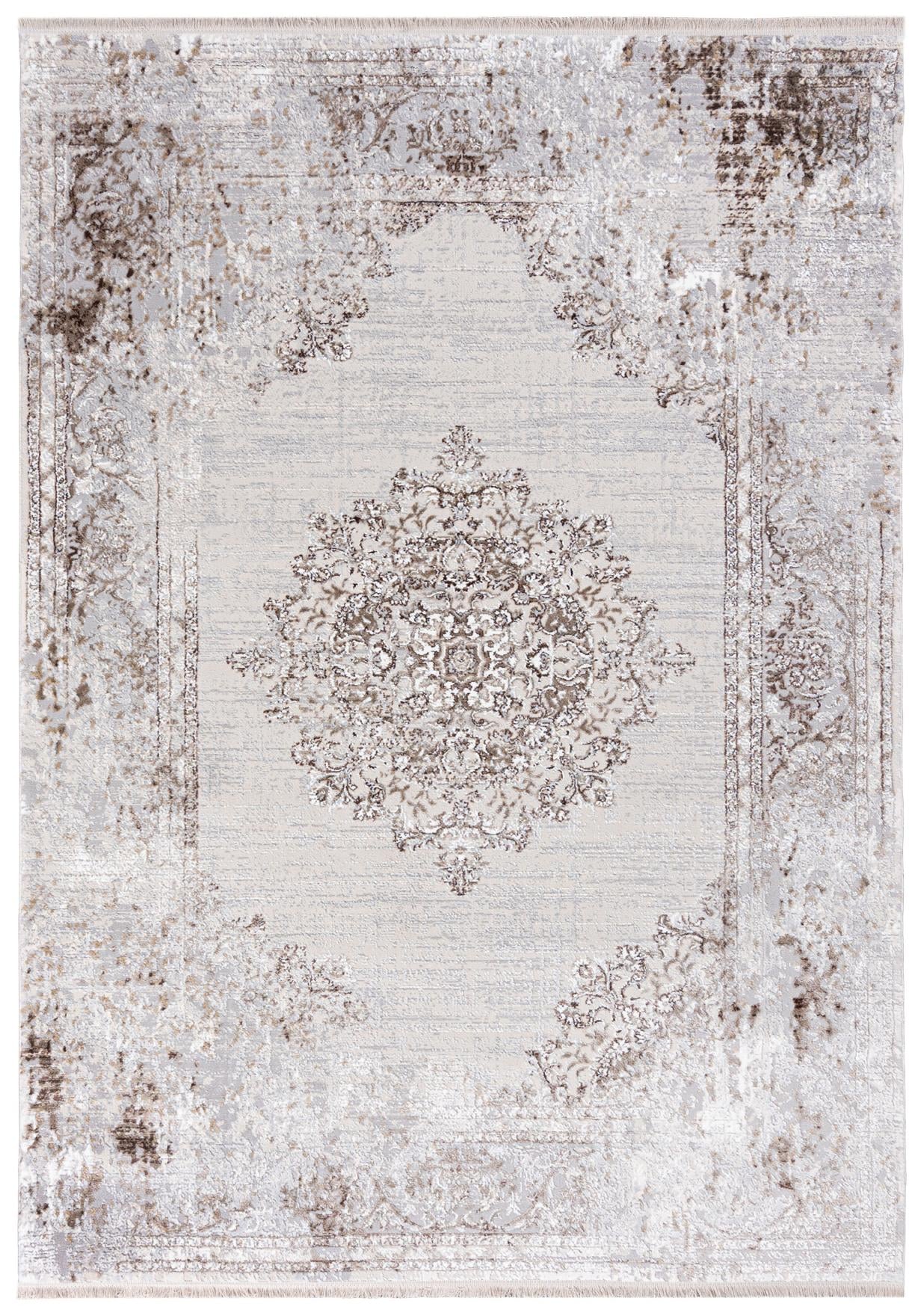 Orientalischer Vintage-Teppich – SAHARA K895D SH CREAM L GRAY – mit Fransen, cremefarben, beige