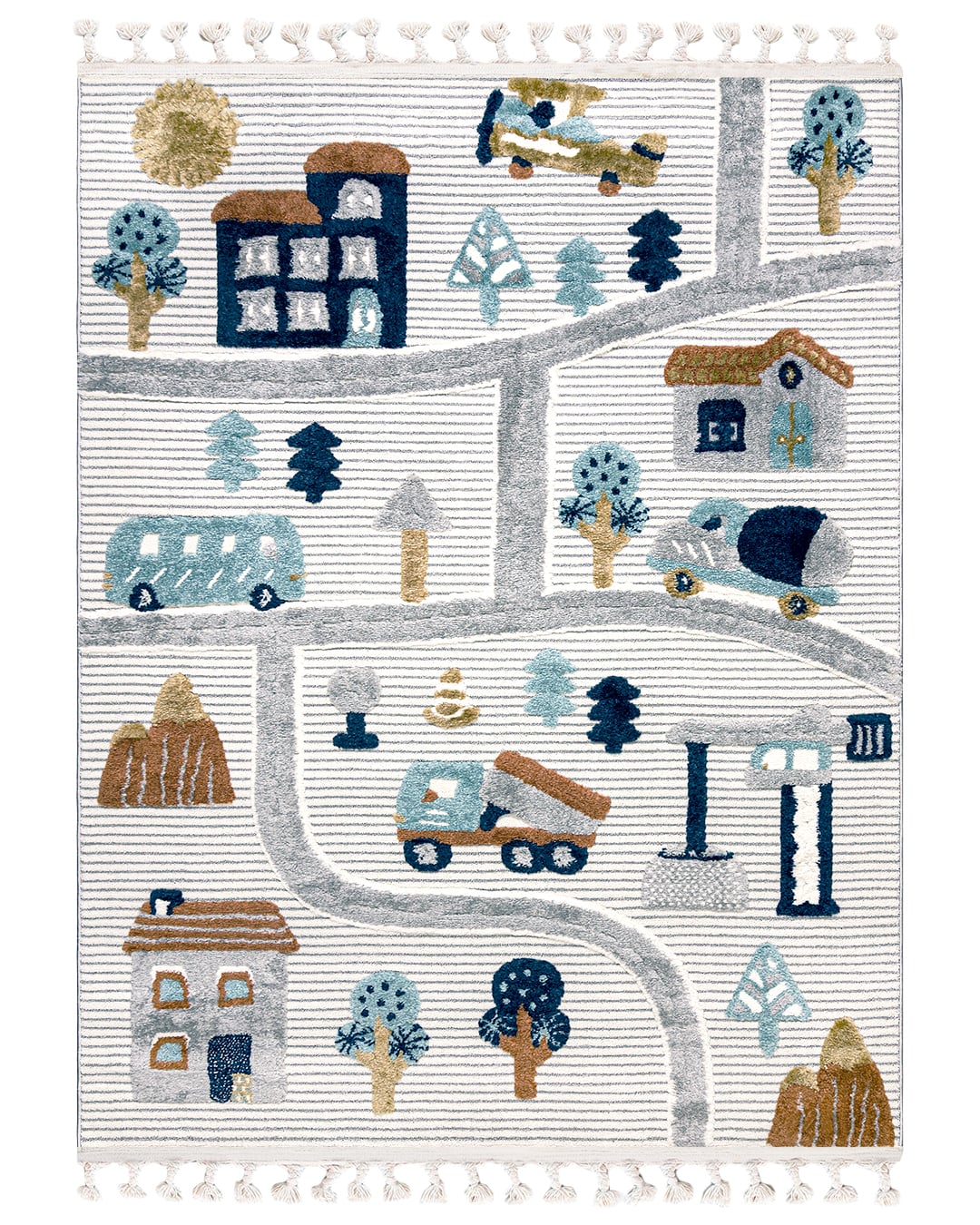 Kinderteppich mit Fransen - Buffo Lilu - Straßen, Wege, cremefarben, blau, braun