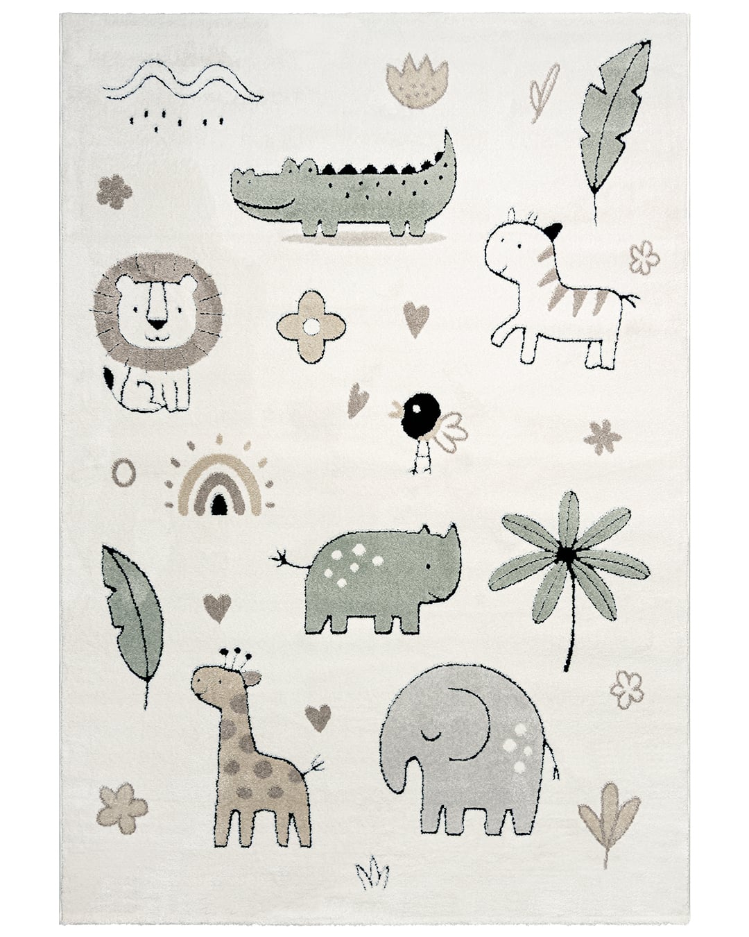 Kinderteppich mit Tiermotiv - Elche Animal - Creme, Grau, Grün, mittelhoher Flor