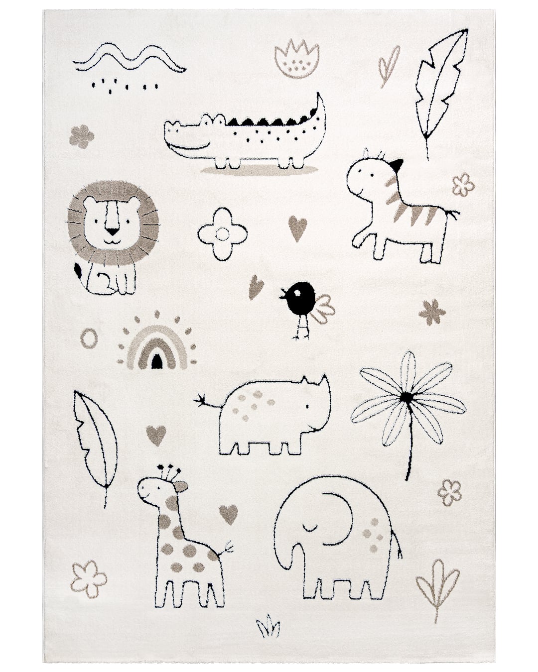 Kinderteppich mit Tiermotiv - Elche Animales - Schwarz, Creme, mittelhoher Flor