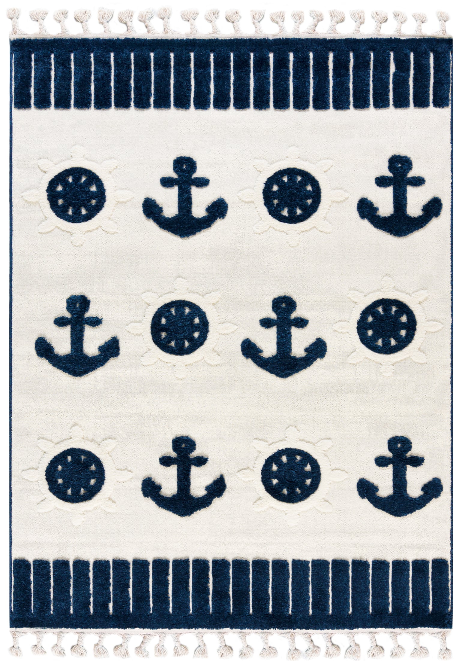 Kinderteppich mit Fransen – Buffo Mare – Anker, marineblau, cremefarben
