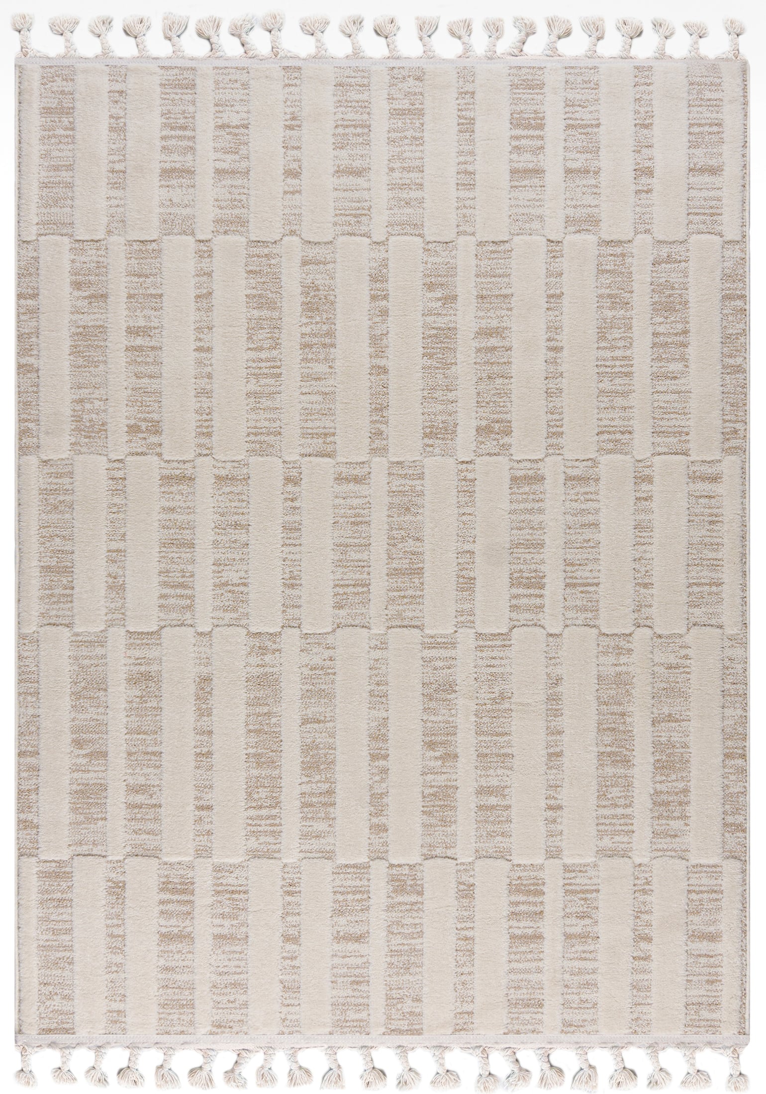 Moderner Retro-Teppich – Pisa Orzo – mit Fransen, cremefarben, beige