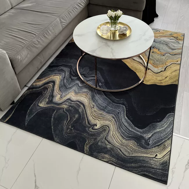 Teppich Modern Schwarz Gold Abstrakt Glamour Marmor 38670 TOSCANA