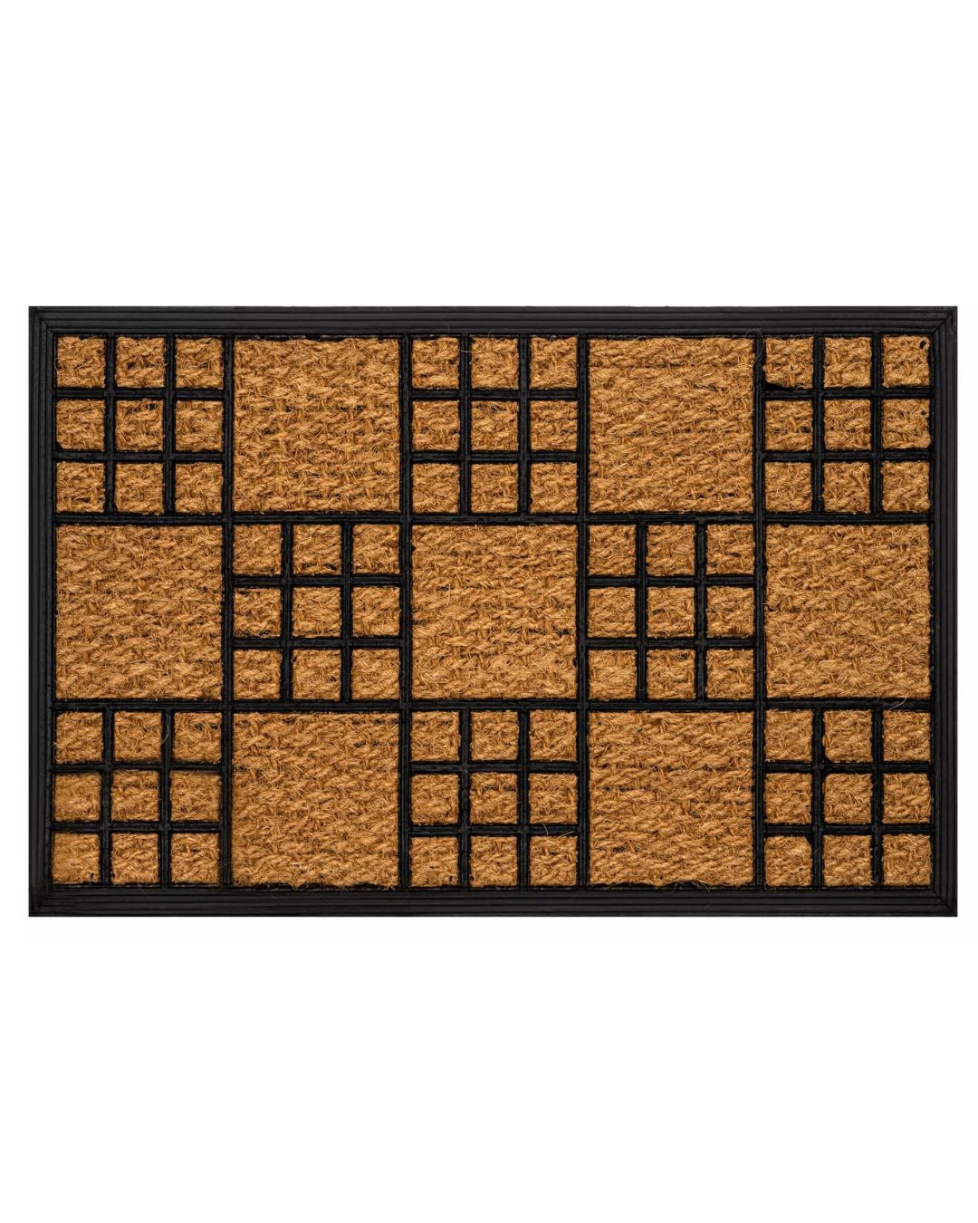 Kokos-Fußmatte - Calla 3114 - beige-schwarz mit geometrischem Gitter, rutschfest und pflegeleicht