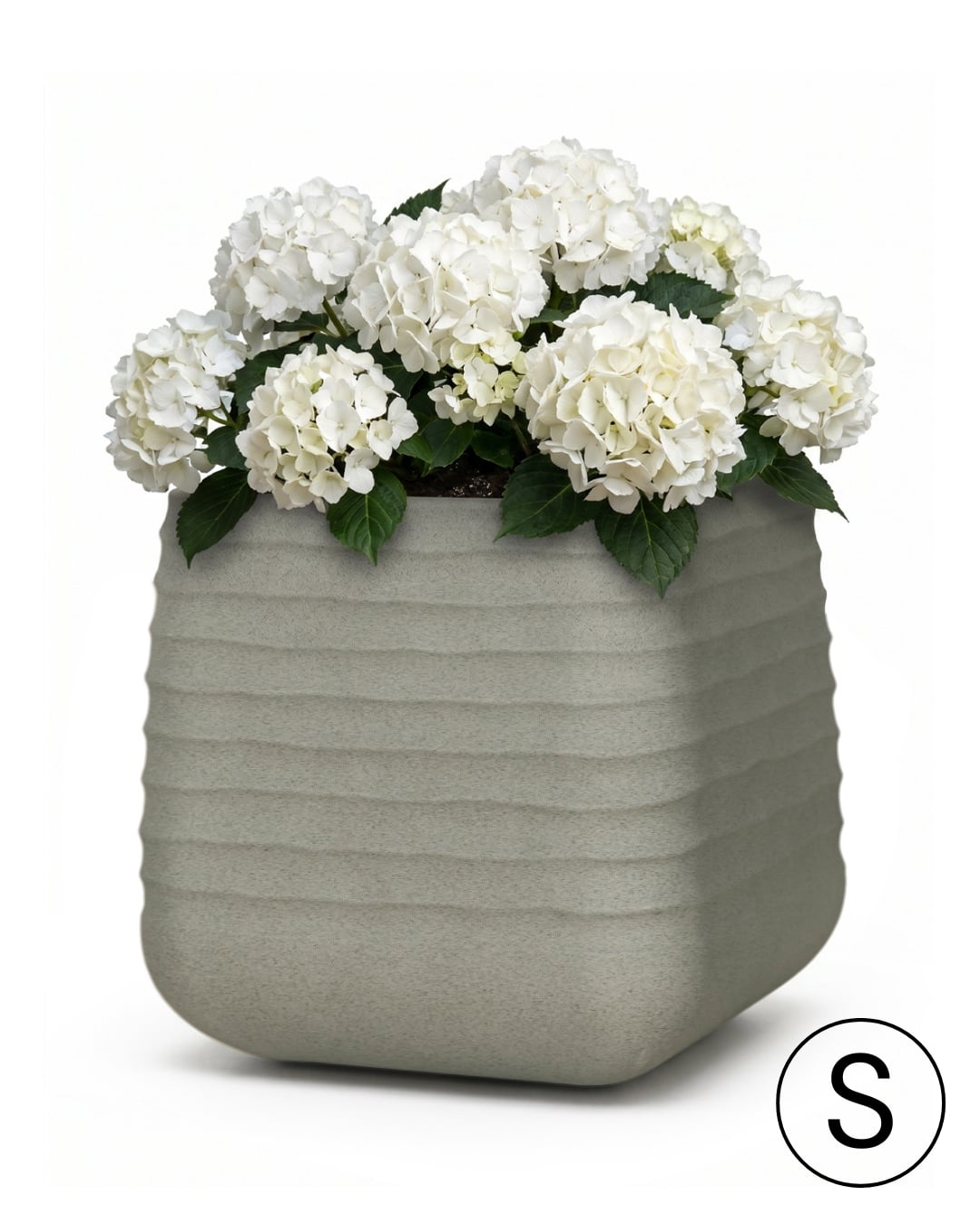Quadratischer Garten- / Terrassen-Blumentopf 29 cm x 29 cm x 27,5 cm - Erba S - grau, matt, geriffelt