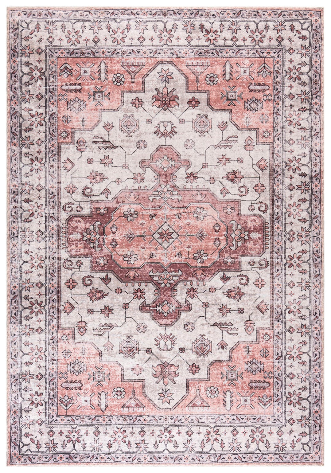 Boho Teppich, Pflanze - Marsala Rosa - Beige, Creme, Rosa